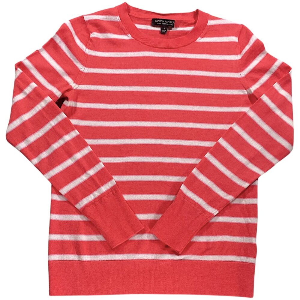 Banana Republic Sweater Womens S Coral White Stripe Merino Lightweight Pullover